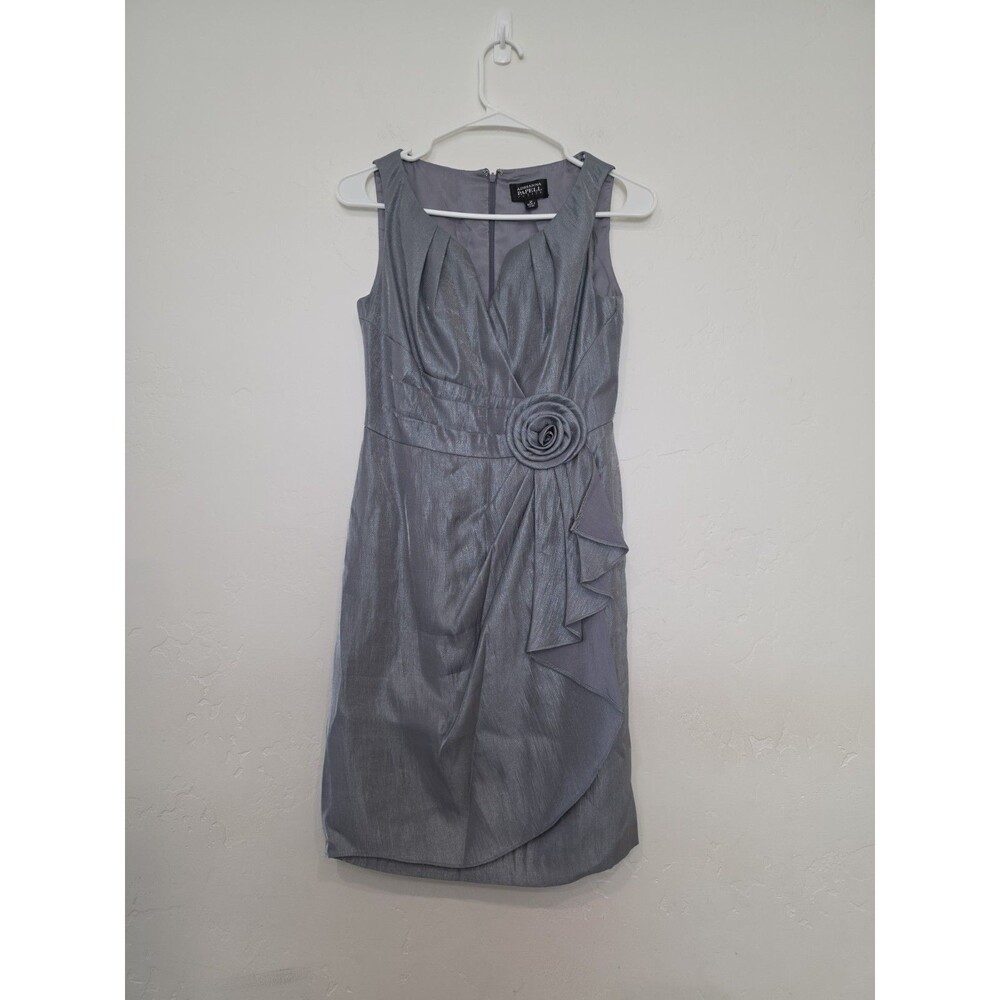 Adrianna Papell Petite 2P Rosette Drape Sleeveless Gray Metallic Sheath Dress
